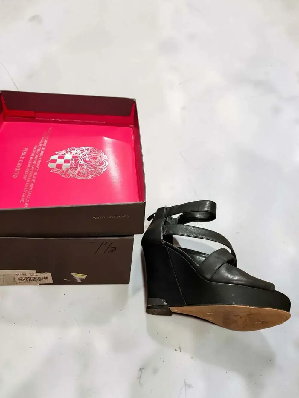 Vince Camuto VC-WINDINI Black Mars Nappa Leather Platform Wedge Sandals, Size 7.